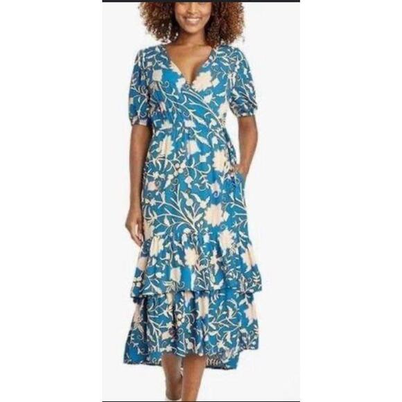 KNOX ROSE Boho Blue Floral True Wrap Dress Size XXL Tiered Ruffle Puff Sleeves - Picture 1 of 12